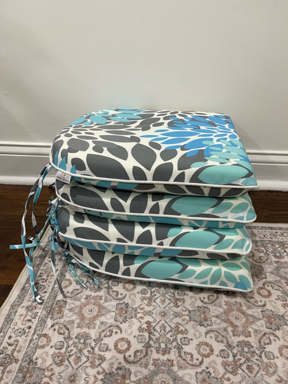 Set of 4 Cushions, Stack of Floral Outdoor Seat Cushions in Aqua, Teal & Gray